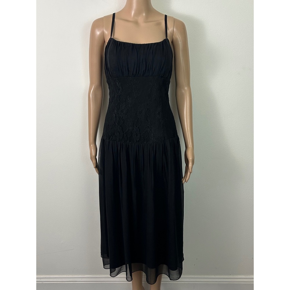 Jonathan Martin Black Silk Lace Ruched Midi Dress Womens Size 10 Spaghetti Strap